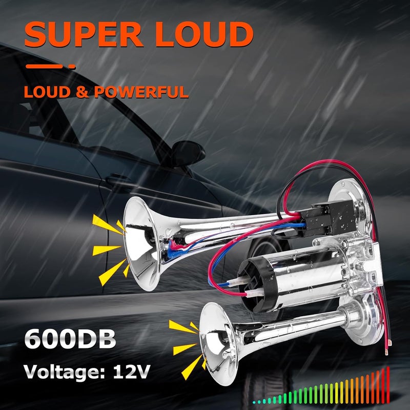 FILTERUP 12V 600DB Upgraded Air Horn Dual Trumpets, Super Loud Train Electric Horn Kit with Air Compressor Compatible with 12V vehicles Trucks Trains Boats Pickup SUVs Cars Speaker - Image 3